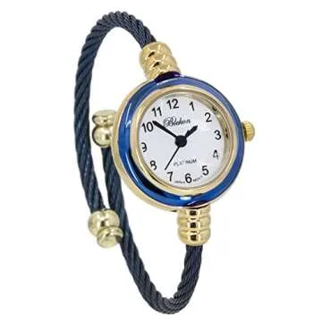 Blekon Collections Women's Cuff Watch - Round Analog Display Arabic Numbers 23mm Case Wire Bracelet Watch for Women Elegant Cable Cuff Bangle Wrist Watch (Gold/Navy)