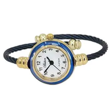 Blekon Collections Women's Cuff Watch - Round Analog Display Arabic Numbers 23mm Case Wire Bracelet Watch for Women Elegant Cable Cuff Bangle Wrist Watch (Gold/Navy)