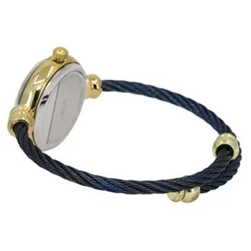 Blekon Collections Women's Cuff Watch - Round Analog Display Arabic Numbers 23mm Case Wire Bracelet Watch for Women Elegant Cable Cuff Bangle Wrist Watch (Gold/Navy)