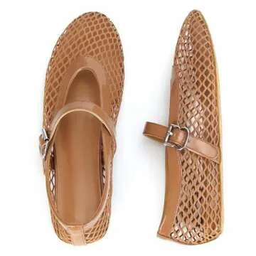 MICIFA Mesh Ballet Flats for Women, Fishnet Buckle Strap Ballerina Shoes Comfy Casual Office Flats Brown