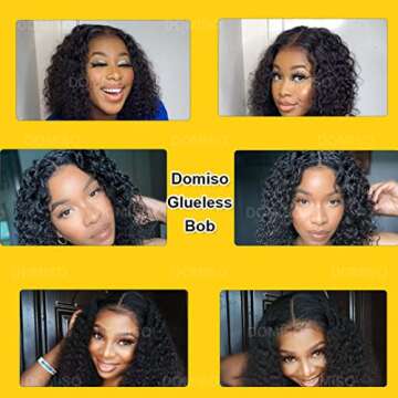 Domiso 14 Inch Glueless Wear and Go Bob Wig Deep Wave Bob Wigs Lace Front Wigs Human Hair Lace Pre Cut Hairline Pre Plucked No Glue Lace Wig Natural Black 14 Inch