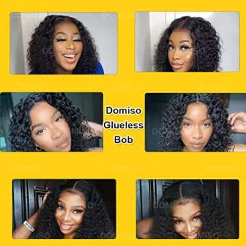 Domiso 14 Inch Glueless Wear and Go Bob Wig Deep Wave Bob Wigs Lace Front Wigs Human Hair Lace Pre Cut Hairline Pre Plucked No Glue Lace Wig Natural Black 14 Inch