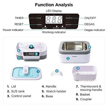 Ultrasonic Jewelry Cleaner with Degas, Detachable Tank and Time Setting for Jewelry, Ring, Silver, Retainer, Eyeglass, Denture, Coins, 1.2L, 40KHz Ultrasound Cleaner Machine by VCUTECH (White)