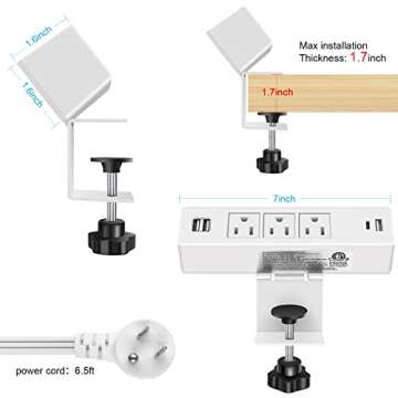 White Desktop Clamp Power Strip with USB, Surge Protector Power Charging Station Outlet with 3 Plugs...