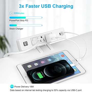 White Desktop Clamp Power Strip with USB, Surge Protector Power Charging Station Outlet with 3 Plugs 3 USB-A 1 USB-C PD 18W Fast Charging Multi-Outlets for Home Office Garage Workshop