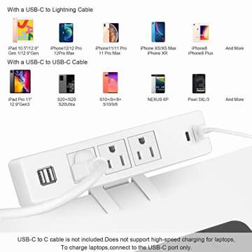 White Desktop Clamp Power Strip with USB, Surge Protector Power Charging Station Outlet with 3 Plugs 3 USB-A 1 USB-C PD 18W Fast Charging Multi-Outlets for Home Office Garage Workshop