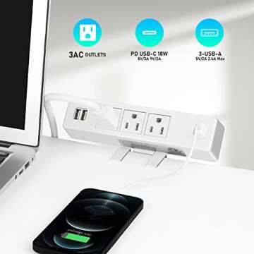 White Desktop Clamp Power Strip with USB, Surge Protector Power Charging Station Outlet with 3 Plugs 3 USB-A 1 USB-C PD 18W Fast Charging Multi-Outlets for Home Office Garage Workshop