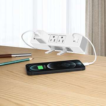 White Desktop Clamp Power Strip with USB, Surge Protector Power Charging Station Outlet with 3 Plugs 3 USB-A 1 USB-C PD 18W Fast Charging Multi-Outlets for Home Office Garage Workshop