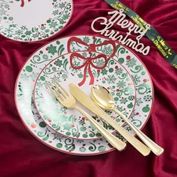 Nervure 175PCS Christmas Plastic Plates Set for 25 Guests