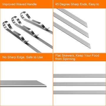 MVZAWINO Premium Kabob Skewers, 10 Pack 17" Stainless Steel Grilling Skewers, Flat Metal Barbecue BBQ Skewers for Grilling, Wide Reusable Shish Kebab Skewers BBQ Sticks w/Handy Storage Bag