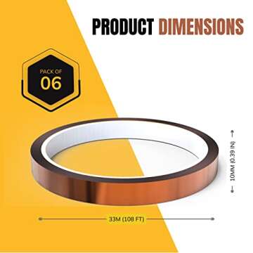 6 Roll - 10mm x 33m (108ft) SAMKARIM Heat Resistant Transfer Tape for Sublimation - Leaves No-Mark or Residue, Strong Adhesive Kapton Tape Perfect for Heat Press, 3D Printer, Soldering, and PCB Boards