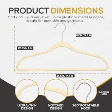 TECHZOO 50 Pack New Premium Quality Velvet Hangers Ultra Thin Non Slip Adult Felt Space Saving Hangers for Closet Heavy Duty Coat Pants Jackets Dress Hangers 360° Swivel Hook Hold Upto 10 lbs Ivory