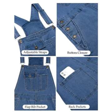 Vetinee Women's Indigo Skylight Bib Overalls Women Casual Jeans Overalls for Women Pockets Women Overalls Straight Overalls for Women Regular Fit Classic Overalls Fit Size Small S Size 4 Size 6