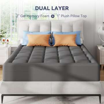 Dual Layer Memory Foam Mattress Topper Queen,2 Inch Gel Memory Foam and 1 Inch Cooling Pillow Top Mattress Pad Cover for Back Pain, Medium Support, Viscose Made from Bamboo Cover,Grey