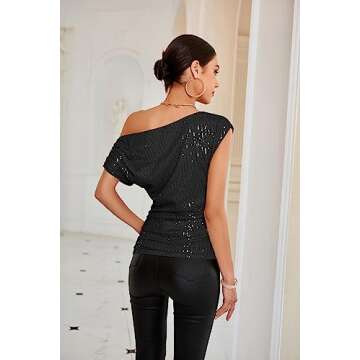 Dressy Ruched Sparkly Tops for Women 2025 Fashion Asymmetrical Neck Off The Shoulder Sequin Top Shirt Girls Slim Fit Vegas Outfits Vacation Black M