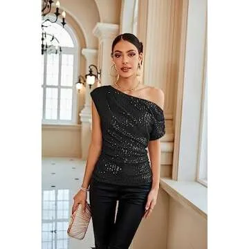Dressy Ruched Sparkly Tops for Women 2025 Fashion Asymmetrical Neck Off The Shoulder Sequin Top Shirt Girls Slim Fit Vegas Outfits Vacation Black M