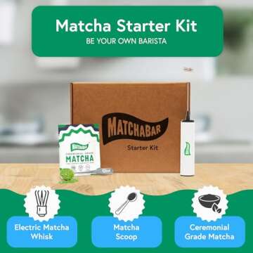MatchaBar Matcha Starter Kit with Electric Whisk - 30g Tin of Ceremonial Grade Matcha Green Tea Powder, USB Rechargeable Hand Blender & Dosing Latte & Spoon (1 Teaspoon) - Modern Tea Set