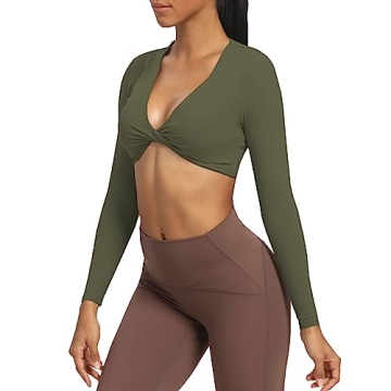 Aoxjox Long Sleeve Crop Top for Women - Sienna Twist Deep V Workout T-Shirt (Olive Green, Small)