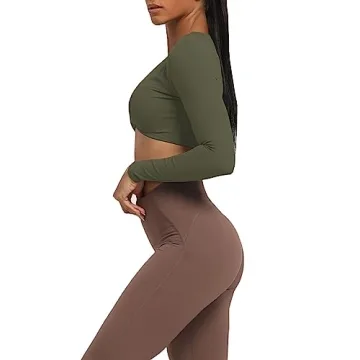 Aoxjox Olive Green Long Sleeve Crop Top for Women