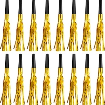 Sumind 24 Pieces Gold Noise Makers Glitter Noise Makers Metallic Fringed Party Blowers for Adults Bi...