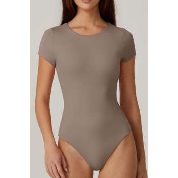 QINSEN Crew Neck Short Sleeve Bodysuit for Women