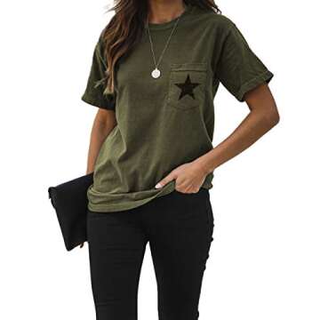 MLEBR Womens Graphic tees Summer Short Sleeve Crewneck Fashion Ladies Letter Printed Graphic Tee Pocket T Shirts Tops and Blouses L A Army Green