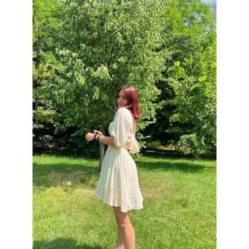 Dokotoo Tie Backless Square Neck Sexy Dresses for Women 2025 Puff Sleeve Beige Dress Ruffled Elastic Waist Off The Shoulder Dress Aline Casual Dresses for Wedding Guest Medium