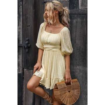 Dokotoo Tie Backless Square Neck Sexy Dresses for Women 2025 Puff Sleeve Beige Dress Ruffled Elastic Waist Off The Shoulder Dress Aline Casual Dresses for Wedding Guest Medium