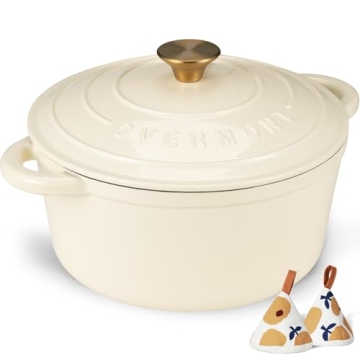 Overmont Enameled Cast Iron Dutch Oven - 5.5QT Pot with Lid Cookbook & Cotton Potholders - Heavy-Dut...