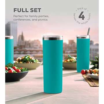 FineDine Insulated Skinny Stainless Steel Tumbler Set - 4-Pack 20oz Tumbler with Straw - Travel Coffee Mug With PBA Free Lids - Slim Vacuum Keep Hot & Cold - For Home, Office. (Cheery Turquoise)