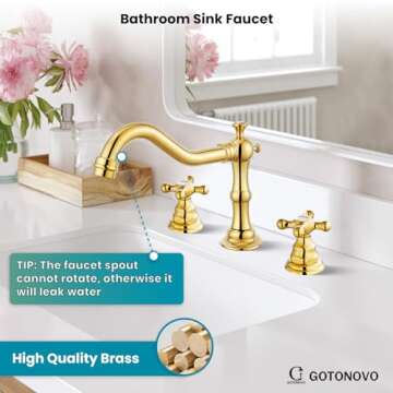gotonovo Polish Gold Widespread Bathroom Sink Faucet Double Cross Knobs 3 Hole Mixing Tap Deck Mount with Pop Up Drain
