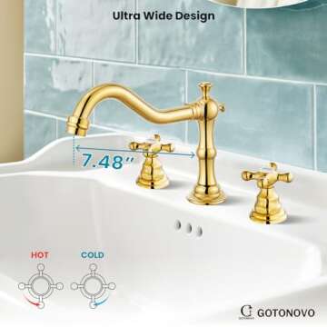 gotonovo Polish Gold Widespread Bathroom Sink Faucet Double Cross Knobs 3 Hole Mixing Tap Deck Mount with Pop Up Drain