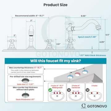 gotonovo Polish Gold Widespread Bathroom Sink Faucet Double Cross Knobs 3 Hole Mixing Tap Deck Mount with Pop Up Drain