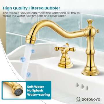 gotonovo Polish Gold Widespread Bathroom Sink Faucet Double Cross Knobs 3 Hole Mixing Tap Deck Mount with Pop Up Drain