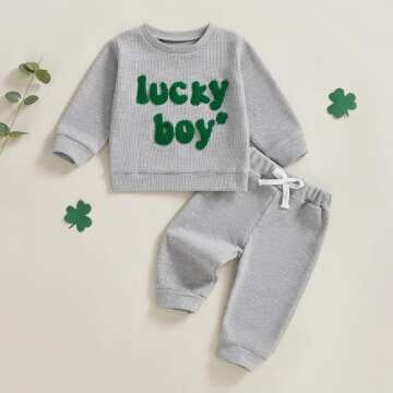 Lesimsam Toddler Baby Boy St Patricks Day Outfit - Gray Letter Embroidery 6-12 Months