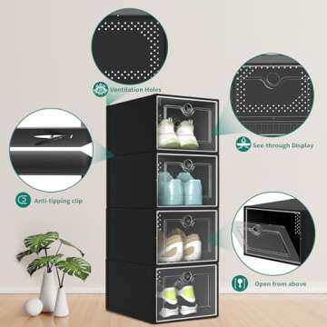 YITAHOME XL Stackable Storage Boxes, 18 PCS Organizers and Drawers for Shoes - Black (X-Large Size-Fits All Shoes)