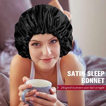 Geyoga 4 Pieces Silk Satin Bonnet Sleep Cap Extra Large Hair Bonnet for Sleeping Double Layer Reversible Hair Cap for Women Natural Curly Hair
