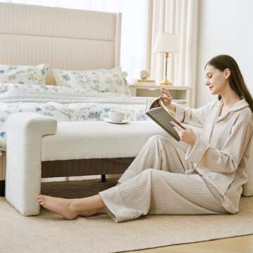 HULALA HOME 58.5" End of Bed Bench, Modern Fabric Upholstered Entryway Bench, Footrest Stool Accent Bench with Solid Wood Frame for Bedroom Living Room, Ivory