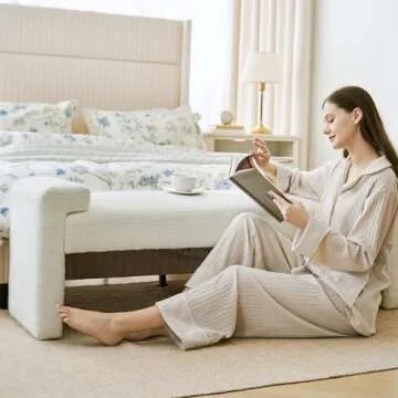 HULALA HOME 58.5" End of Bed Bench, Modern Fabric Upholstered Entryway Bench, Footrest Stool Accent Bench with Solid Wood Frame for Bedroom Living Room, Ivory