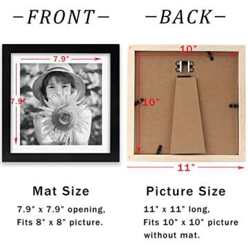 10x10 Black Square Picture Frames Set of 2 Classic Natural Wood Photo Frame for Wall or Tabletop Display