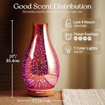Porseme Essential Oil Diffuser 3D Glass Aromatherapy Ultrasonic Humidifier Cool Mist, Auto Shut-Off, Timer Setting, BPA Free for Home Office Hotel Yoga Gym Leisure SPA Gift 100ml