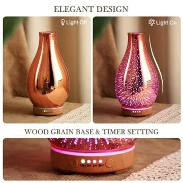 Porseme Essential Oil Diffuser 3D Glass Aromatherapy Ultrasonic Humidifier Cool Mist, Auto Shut-Off, Timer Setting, BPA Free for Home Office Hotel Yoga Gym Leisure SPA Gift 100ml