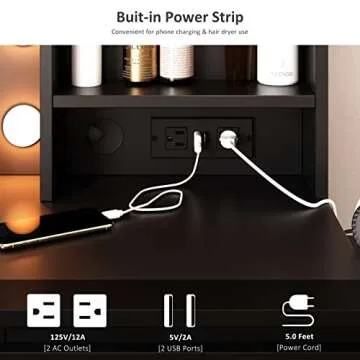 Vabches Makeup Vanity with Lights, 37inch Vanity Desk with Power Strip, 4 Drawers Makeup Table with Lighted Mirror, 3 Lighting Colors,Black