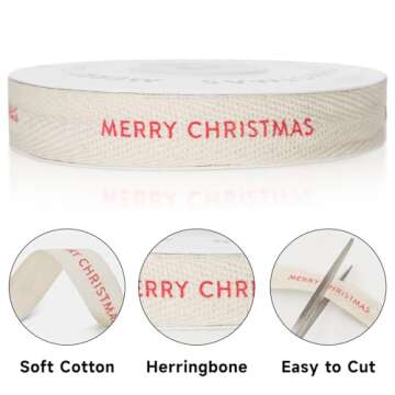 KINGLAKE Merry Christmas Ribbon 5/8" x 10 Yards Cotton Christmas Ribbon Natural Twill Tape Cotton with Black Merry Christmas Herringbone Holiday Ribbon for Crafts Gift Wrapping Thin Xmas Ribbons
