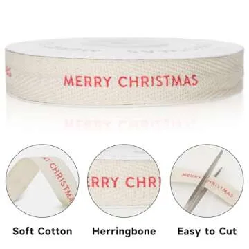 KINGLAKE Merry Christmas Ribbon 5/8" x 10 Yards Cotton Christmas Ribbon Natural Twill Tape Cotton with Black Merry Christmas Herringbone Holiday Ribbon for Crafts Gift Wrapping Thin Xmas Ribbons