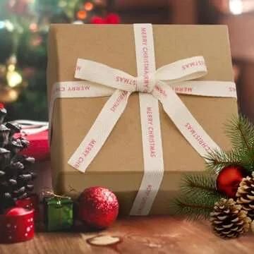 KINGLAKE Merry Christmas Ribbon 5/8" x 10 Yards Cotton Christmas Ribbon Natural Twill Tape Cotton with Black Merry Christmas Herringbone Holiday Ribbon for Crafts Gift Wrapping Thin Xmas Ribbons