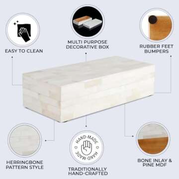 Handicrafts Home Handmade Classic Pattern Decorative Box - Storage Organizer, Decor Centrepiece, Memory Keepsakes, Home Decor - Boho Style Treasure Box, Multipurpose Gift - White, 10x4.5x2.5