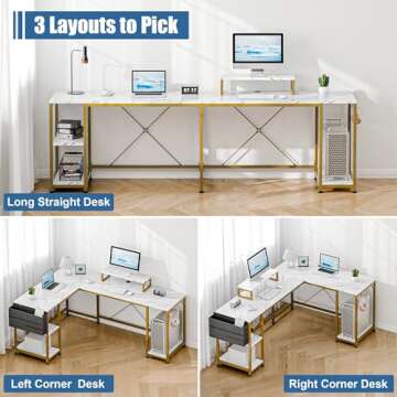 Lulive L Shaped Desk, 95" Reversible Corner Computer Desk with Shelves, Monitor Stand, Storage Bag, Hooks, 2 Person Long Desk for Home Office Writing Study Workstation (White Faux Marble)