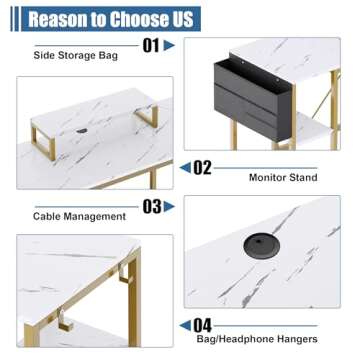 Lulive L Shaped Desk, 95" Reversible Corner Computer Desk with Shelves, Monitor Stand, Storage Bag, Hooks, 2 Person Long Desk for Home Office Writing Study Workstation (White Faux Marble)