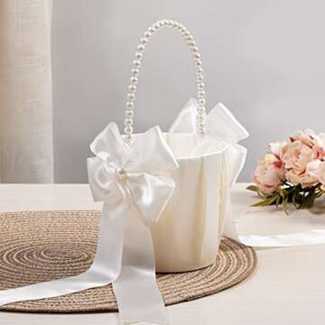 Ivory Flower Girl Baskets with Pearl Handles for Weddings